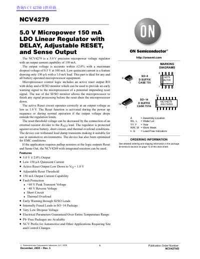 ON NCV4279 5.0 V Micropower 150 mA LDO Linear Regulator with DELAY Adjustable RESET Sense Output handbook - cover page