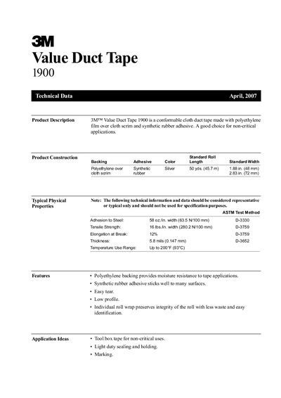 3M 1900 Value Duct Tape Product Leaflet - cover page