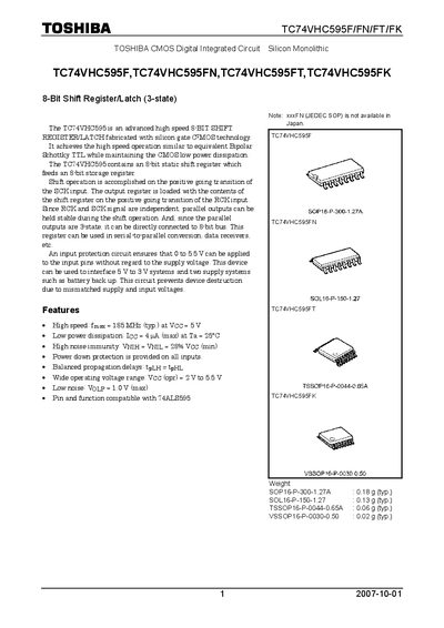 TOSHIBA TC74VHC595F TC74VHC595FN TC74VHC595FT TC74VHC595FK Manual - cover page