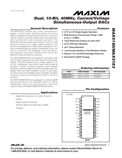 Maxim MAX5180/MAX5183 Dual 10‑Bit 40 MHz Current/Voltage Simultaneous‑Output DACs Datasheet - cover page