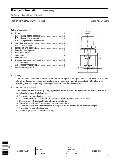 Minimax ProCon Sprinkler K16 Product Information - cover page
