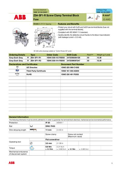 ABB ZS4-SF1-R Screw Clamp Terminal Block Datasheet - cover page