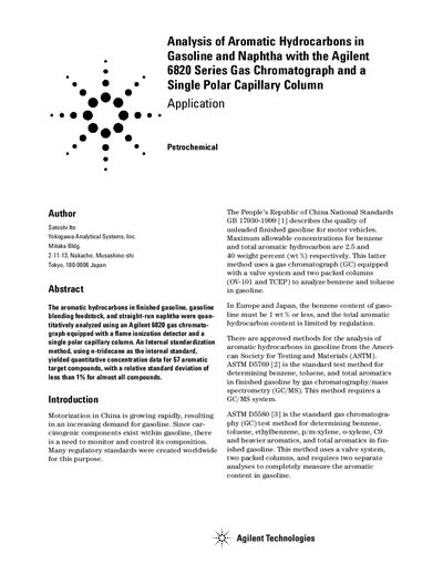 Agilent 6820 Series Gas Chromatograph Analysis of Aromatic Hydrocarbons Application Note - cover page