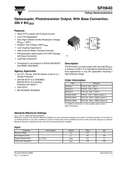 Vishay SFH640 Optocoupler Datasheet - cover page