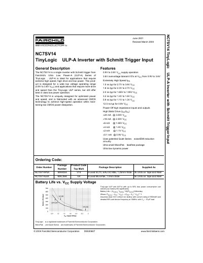 Fairchild NC7SV14 TinyLogic ULP-A Inverter with Schmitt Trigger Input Datasheet - cover page