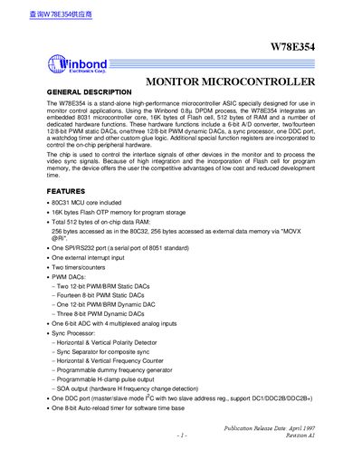 Winbond W78E354 Microcontroller User Manual - cover page