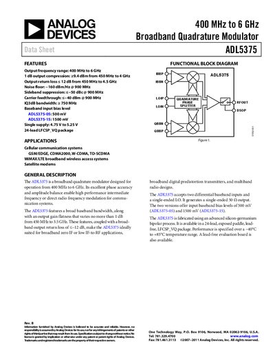 Analog Devices ADL5375 Broadband Quadrature Modulator Datasheet - cover page