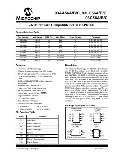 MICROCHIP 93AA56A/B/C 93LC56A/B/C 93C56A/B/C 2K Microwire Compatible Serial EEPROM handbook - cover page
