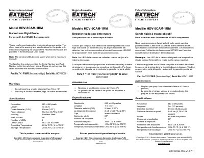 EXTECH Model HDV-5CAM-1RM Macro Lens Rigid Probe For use with the HDV600 Borescope only handbook - cover page