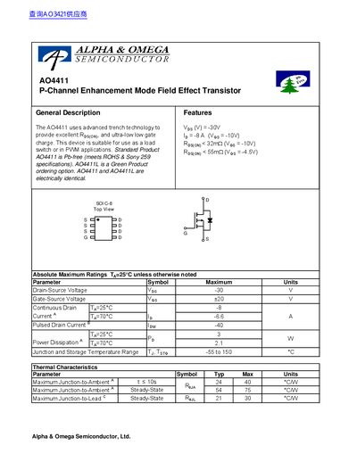 Alpha & Omega AO4411 P-Channel Enhancement Mode Field Effect Transistor Datasheet - cover page