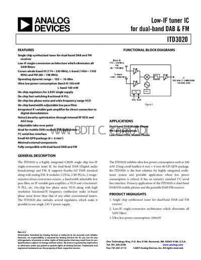 Analog Devices ITD3020 Low‑IF Tuner IC Datasheet - cover page