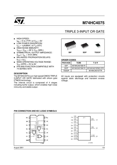 STMicroelectronics M74HC4075 Triple 3-Input OR Gate Datasheet - cover page