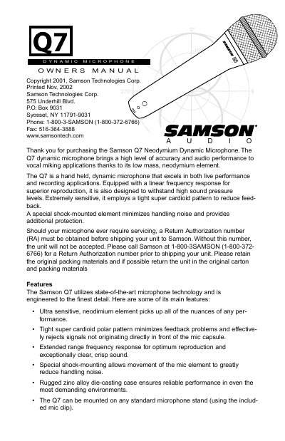 Samson Q7 Dynamic Microphone Owner's Manual - cover page