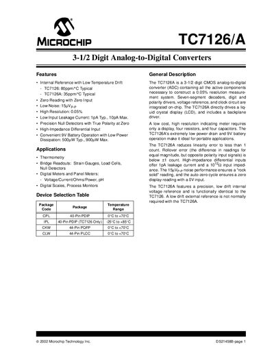 Microchip TC7126/A 3-1/2 Digit ADC Datasheet - cover page