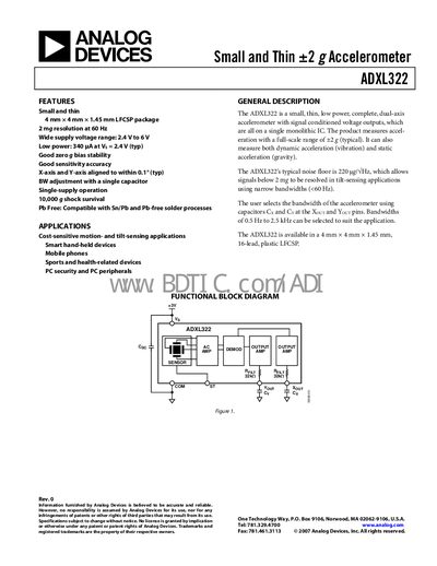 Analog Devices ADXL322 Accelerometer Datasheet - cover page