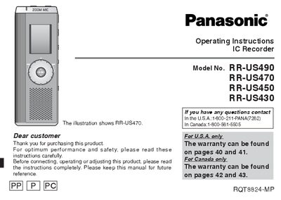 panasonic RR-US490 RR-US470 RR-US450 IC Recorder Operating Instructions