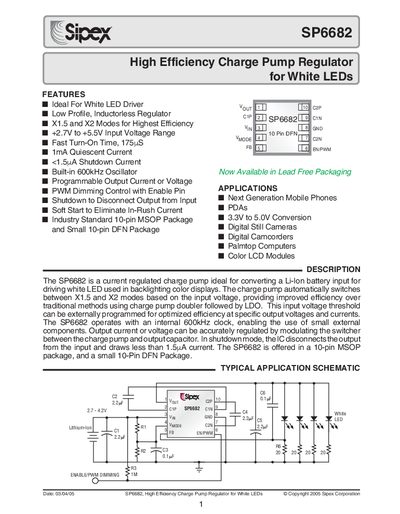 Sipex SP6682 High Efficiency Charge Pump Regulator for White LEDs Datasheet - cover page