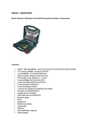 BOSCH 2607019330 Bosch Titanium 100 Piece X Line Drill Screwdriver Bit Set + Accessories - cover page