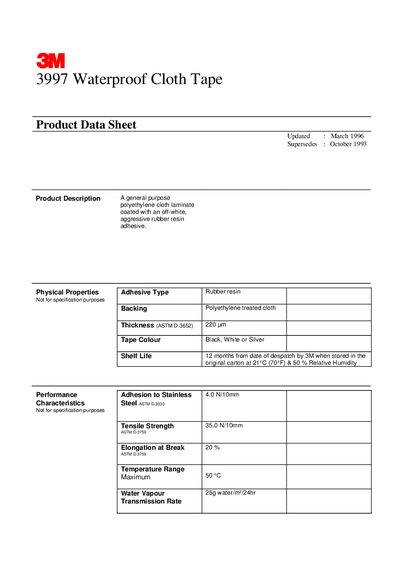 3M 3997 Waterproof Cloth Tape Datasheet - cover page