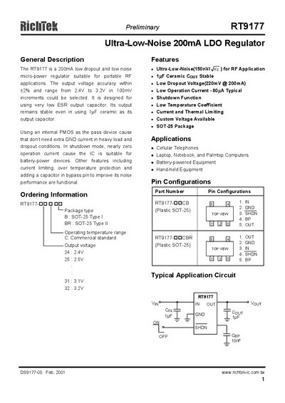 RichTek RT9177 LDO Regulator Datasheet - cover page