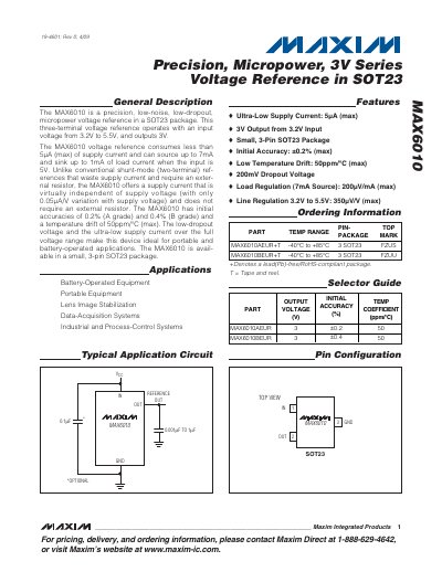 Maxim MAX6010 Precision Micropower 3V Voltage Reference SOT23 Datasheet - cover page