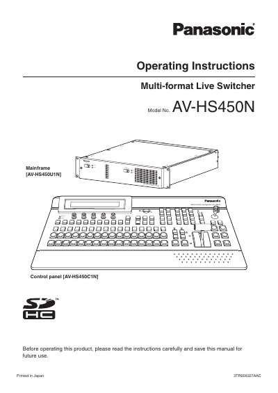 Panasonic AV-HS450N Multi-format Live Switcher User Manual - cover page