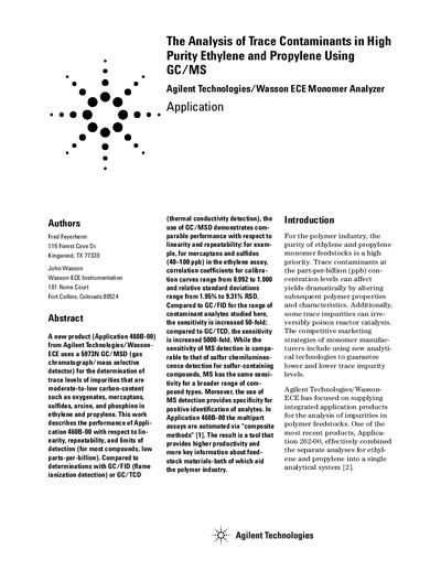Agilent Technologies Application 460B-00 Trace Contaminant Analysis Application Note - cover page