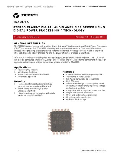 Tripath TDA2075A Digital Audio Amplifier Driver Datasheet - cover page