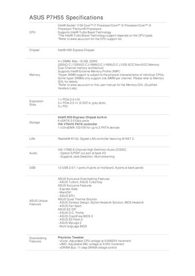 ASUS P7H55 Specifications Manual - cover page