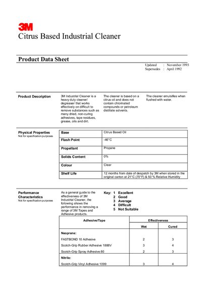 3M Citrus Based Industrial Cleaner Product Data Sheet - cover page