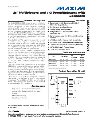 Maxim MAX9394/MAX9395 LVDS Multiplexer/Demultiplexer Datasheet - cover page