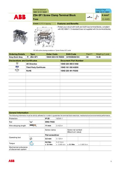 ENTRELEC ZS4-SF1 Terminal Block Technical Datasheet - cover page