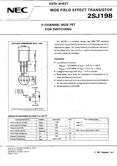 NEC 2SJ198 P-Channel MOS FET Datasheet - cover page