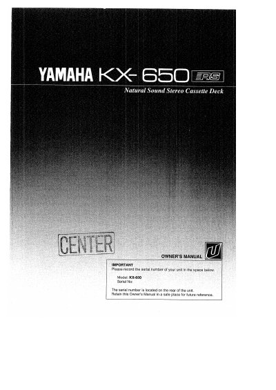 Yamaha KX-650 Stereo Cassette Deck Owner's Manual - cover page