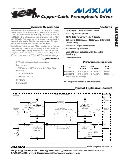 Maxim MAX3982 SFP Copper-Cable Preemphasis Driver Datasheet - cover page