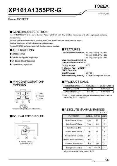 Torex XP161A1355PR-G Power MOSFET Datasheet - cover page