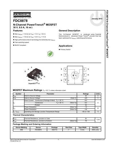 Fairchild FDC8878 N-Channel PowerTrench MOSFET Datasheet - cover page