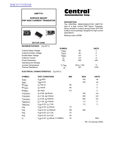 Central Semiconductor CMPT751 Surface Mount PNP High Current Transistor Datasheet - cover page