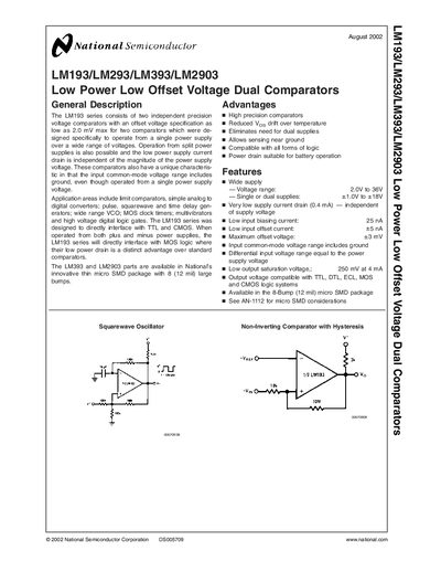 National Semiconductor LM193/LM293/LM393/LM2903 Dual Comparator Datasheet