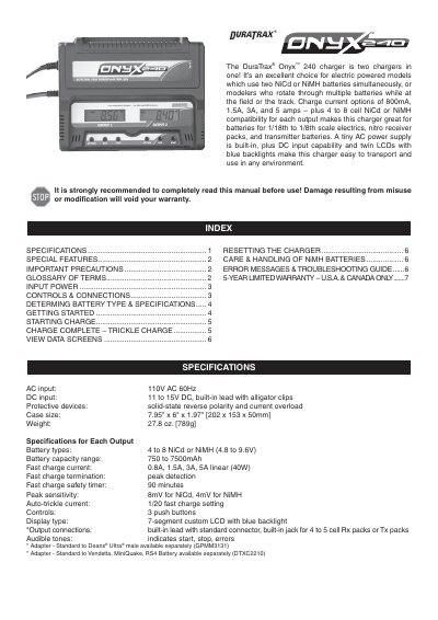 DuraTrax Onyx 240 Dual Charger User Manual - cover page