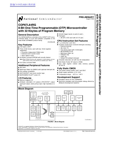 National Semiconductor COP87L84RG 8-Bit OTP Microcontroller Datasheet - cover page