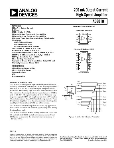 Analog Devices AD8010 High‑Speed Amplifier Datasheet - cover page