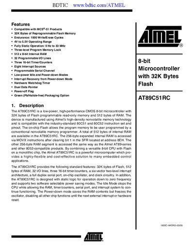 Atmel AT89C51RC Microcontroller Datasheet