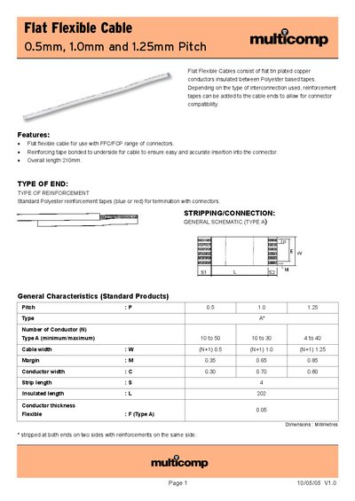 Multicomp Flat Flexible Cable 0.5mm/1.0mm/1.25mm Pitch Datasheet - cover page