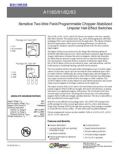 Allegro A1180/81/82/83 Hall Effect Switch Datasheet - cover page