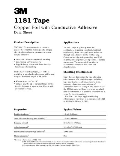 3M 1181 Tape Copper Foil with Conductive Adhesive Data Sheet - cover page