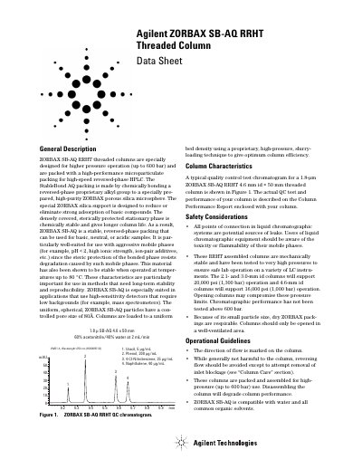 Agilent ZORBAX SB-AQ RRHT Threaded Column Datasheet - cover page