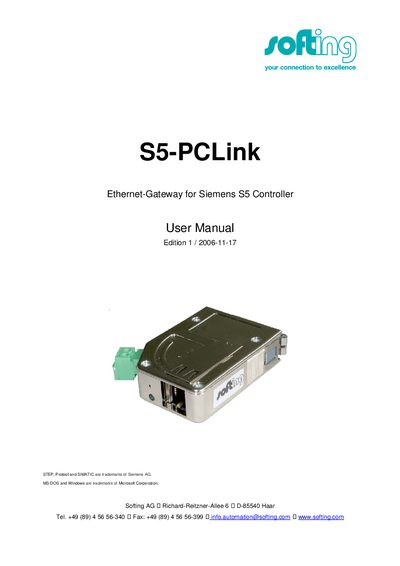 Softing S5-PCLink Ethernet-Gateway User Manual - cover page