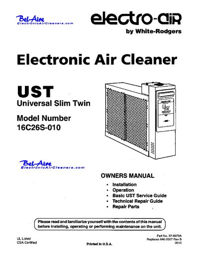 White-Rodgers 16C26S-010 Electronic Air Cleaner Owner's Manual - cover page