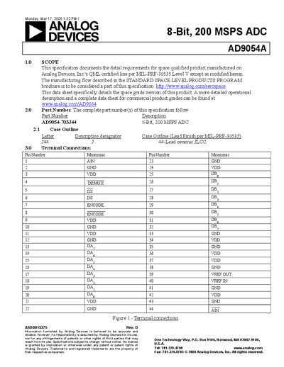 Analog Devices AD9054A Space‑Qualified Data Sheet Rev D - cover page